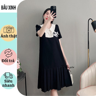 V428 bầu xinh] váy đầm bầu tiểu thư sang chảnh-váy bầu thiết kế babaydoll cổ sơ mi kèm nơ trắng chân xếp ly đẹp