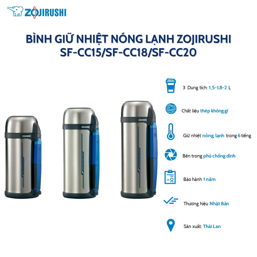 Bình giữ nhiệt lưỡng tính Zojirushi SF-CC13/SF-CC15/SF-CC18/SF-CC20 dung tích 1.5L/1.8L/2L, bảo hành giữ nhiệt 1 năm