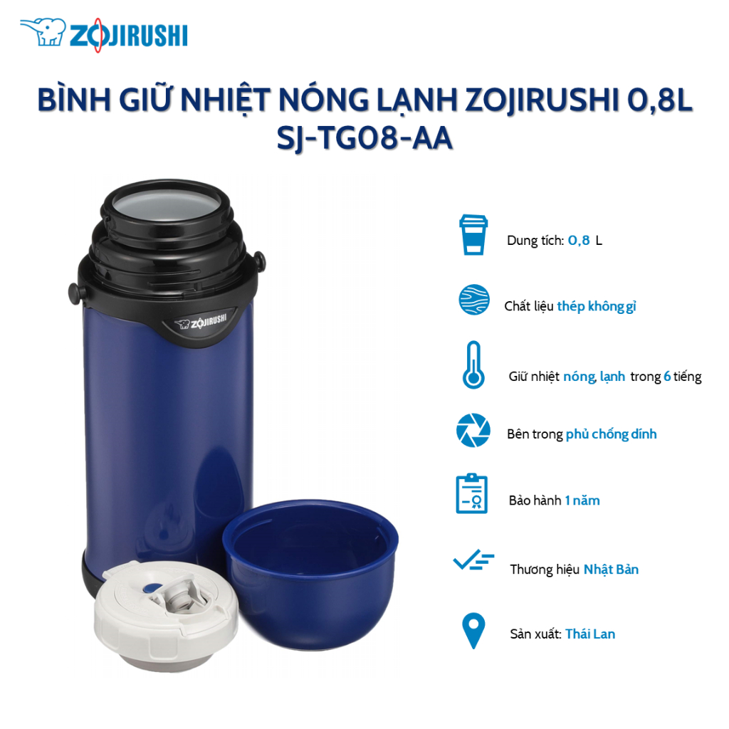 Bình giữ nhiệt nóng lạnh Zojirushi SJ-TG08-AA dung tích 0.8L, bảo hành 1 năm chính hãng