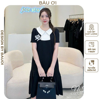 Đầm váy bầu công sở mùa hè đẹp cổ sơ mi dáng suông xếp ly - đầm bầu xinh thời trang thiết kế freesize