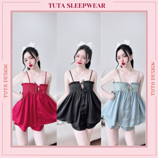 Đồ ngủ nữ sexy bộ lụa 2 dây mặc nhà quần đùi chất lụa thoáng mát.