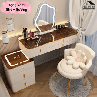 Bàn Trang Điểm, Bàn Phấn Thông Minh Có Gương Đèn Led Cảm Ứng 3 Màu, Sạc Không Dây, Loa Buetooth - Nội Thất Vin Home
