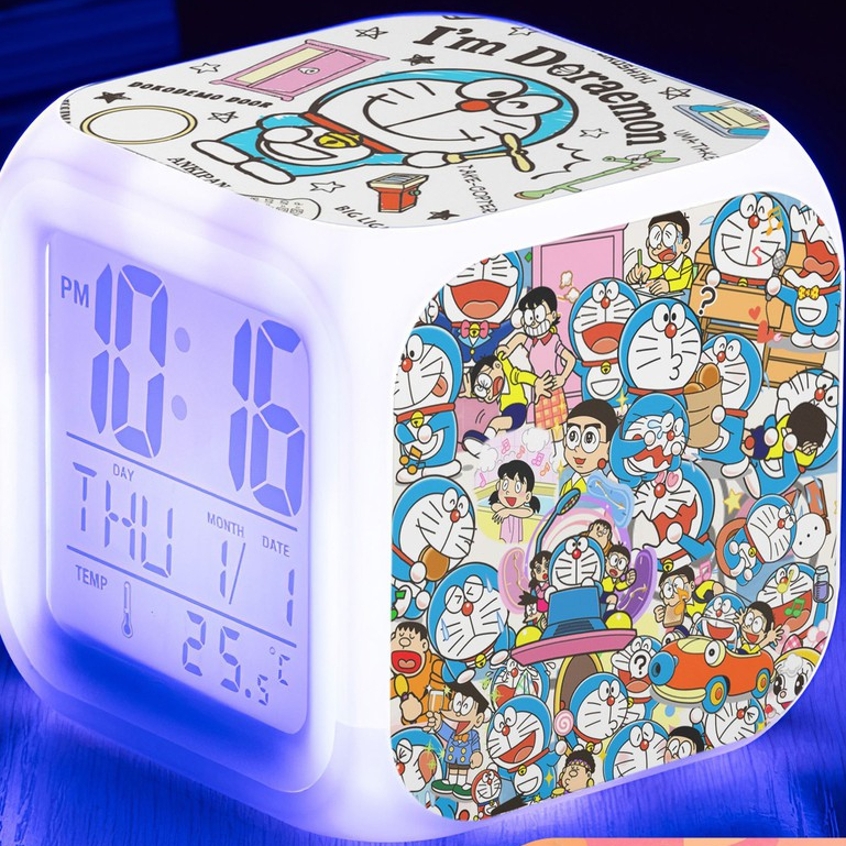 Đồng hồ LED báo thức in hình Doraemon đổi màu trang trí nhà cửa
