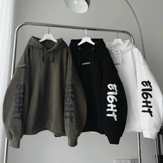 Áo hoodie chữ EIGHT in nổi, nón rộng 2 lớp, form rộng <75kg,hoodie tay phồng