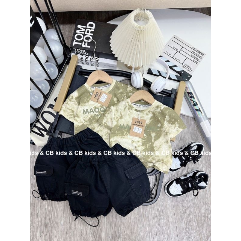 Quần áo bé trai, set bộ áo cotton loang mix quần short kaki túi hộp mềm mại cho bé 10-30kg