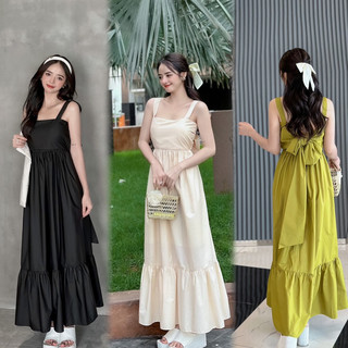   CÓ BIGSIZE  Đầm Maxi FREESIZE hai dây thắt nơ dáng babydoll nhiều màu phong cách Hàn Quốc mùa hè đi biển 
