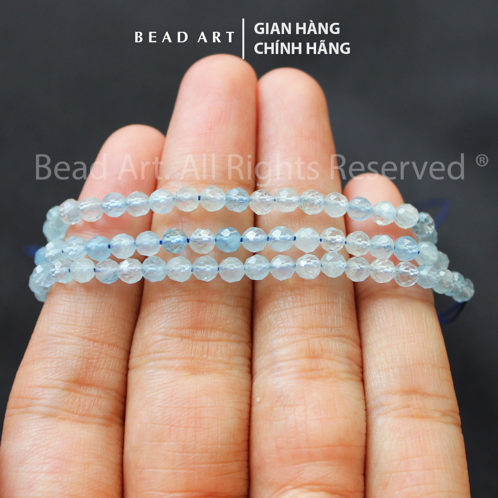 4MM Aquamarine Màu Xanh Biển Nhạt Giác Cắt, Thuỷ, Mộc, Phối Vòng Tay Phong Thuỷ, Chuỗi Hạt, Đá Lẻ S50 - Bead Ar