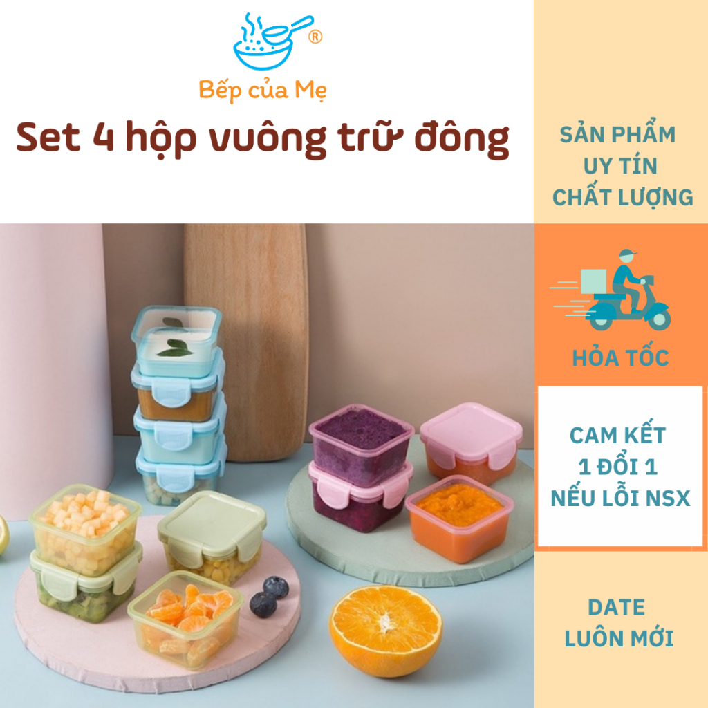 Hộp trữ đồ ăn dặm cho bé có nắp đậy set 4 cái, khay trữ đông đồ ăn dặm khử mùi, Shop Bếp Của Mẹ
