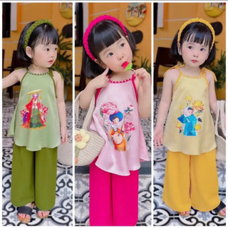 Bộ lụa cổ yếm kèm viền ngọc bé gái