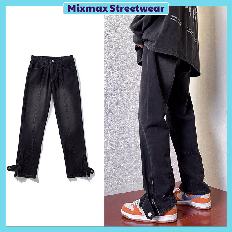 Quần bò jeans denim ống rộng suông zipper Ulzzang màu đen ombre kéo khoá cách điệu