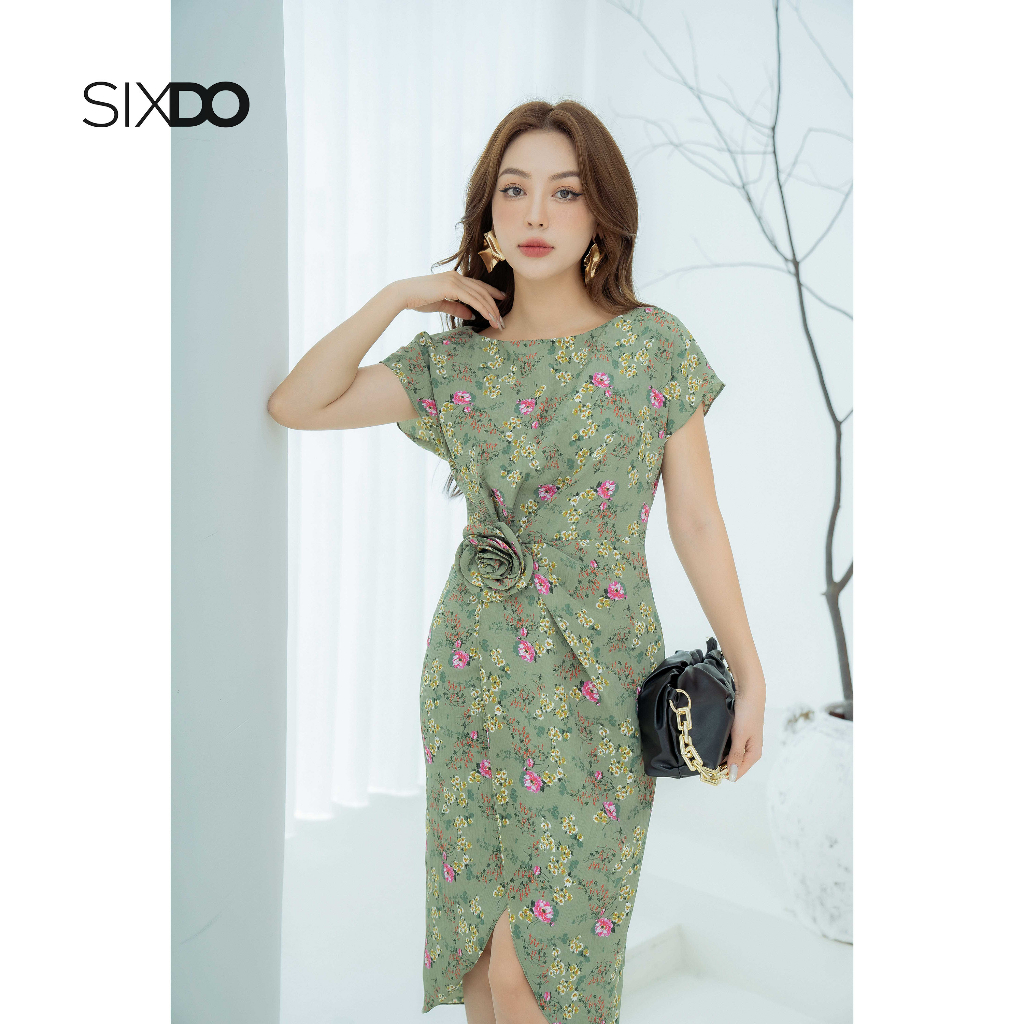 Đầm midi hoa nhí xẻ tà phối hoa eo thời trang SIXDO (Dark Mint Floral Batwing Midi Woven Dress)