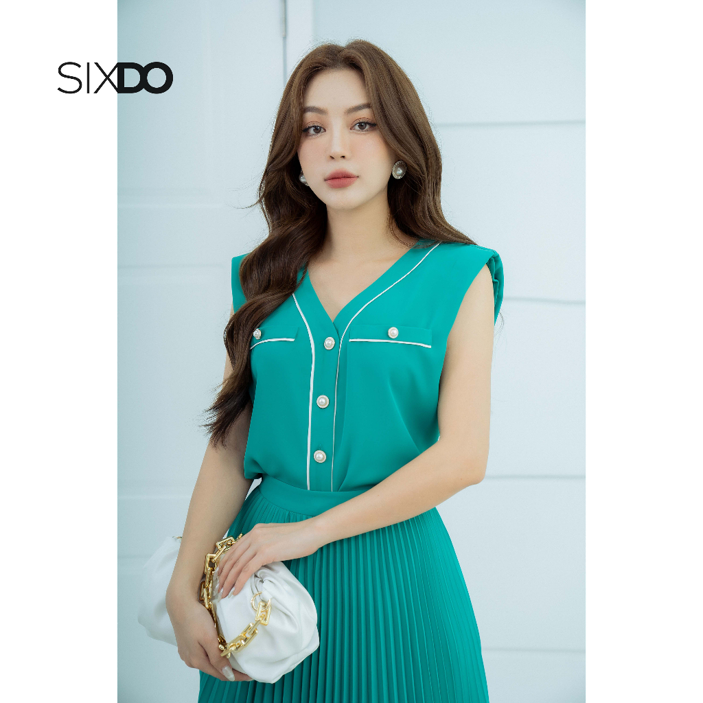 Áo lụa tay hến cổ V phối line thời trang SIXDO (Dark Turquoise V-neck Silk Top)