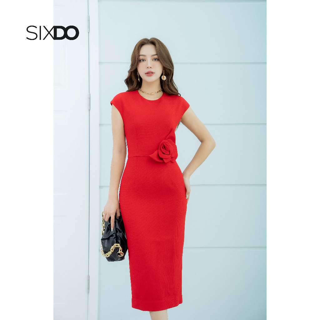 Đầm Thô midi tay hến phối hoa eo thời trang SIXDO (Cap Sleeves Midi Raw Dress)