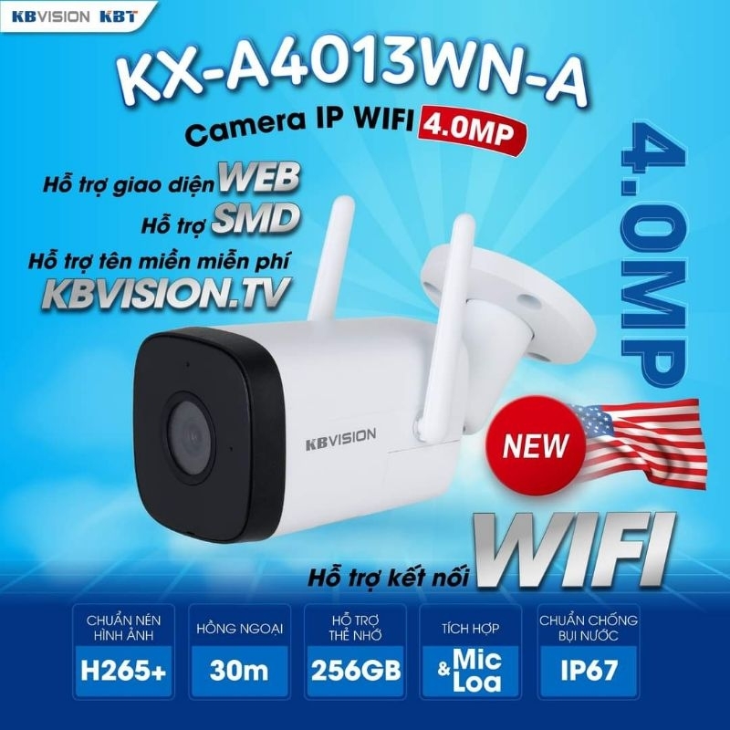 Camera wifi IP hồng ngoại 4.0 Megapixel KBVISION KX-A4013WN-A Đàm thoại hai chiều -Cam Kết Hàng Chính Hãng Bh 2 Năm