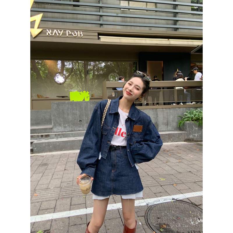 Set áo khoác và chân váy jean denim phối viền rách sơ mi retro cá tính vintage hot ulzzang
