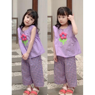 Bộ sát nách hoa nổi quân kẻ caro cho bé gái 2 màu hồng và tím