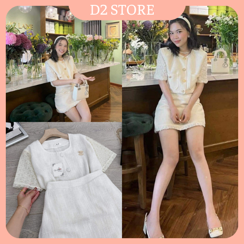 Set Bộ Váy Nữ Áo Dạ Phối Ngắn Tay Phối Ren Tag CN Rời Cúc Bọc Túi Trước Mix Chân Váy Chữ A Tiểu Thư