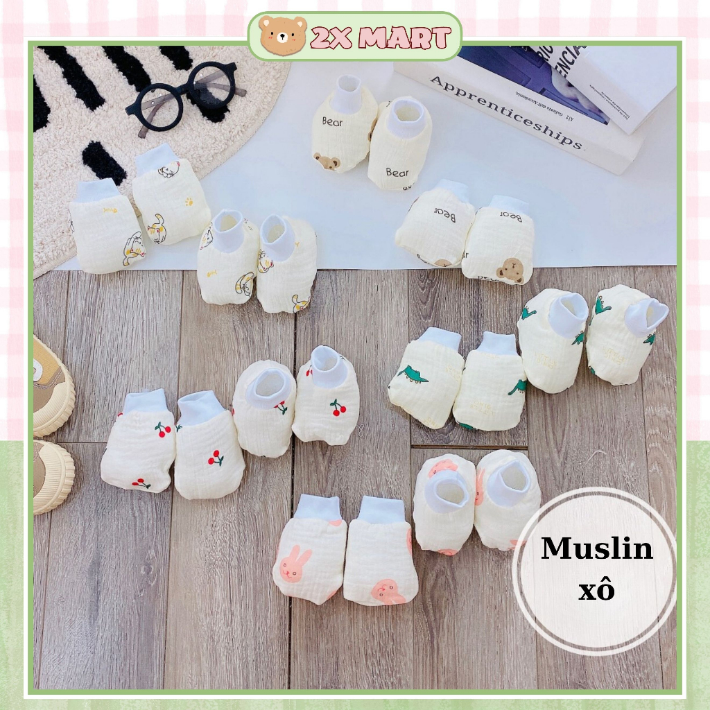 Bao tay cho bé sơ sinh vải xô muslin bao chân tất vớ trẻ em trai gái cao cấp 2X MART
