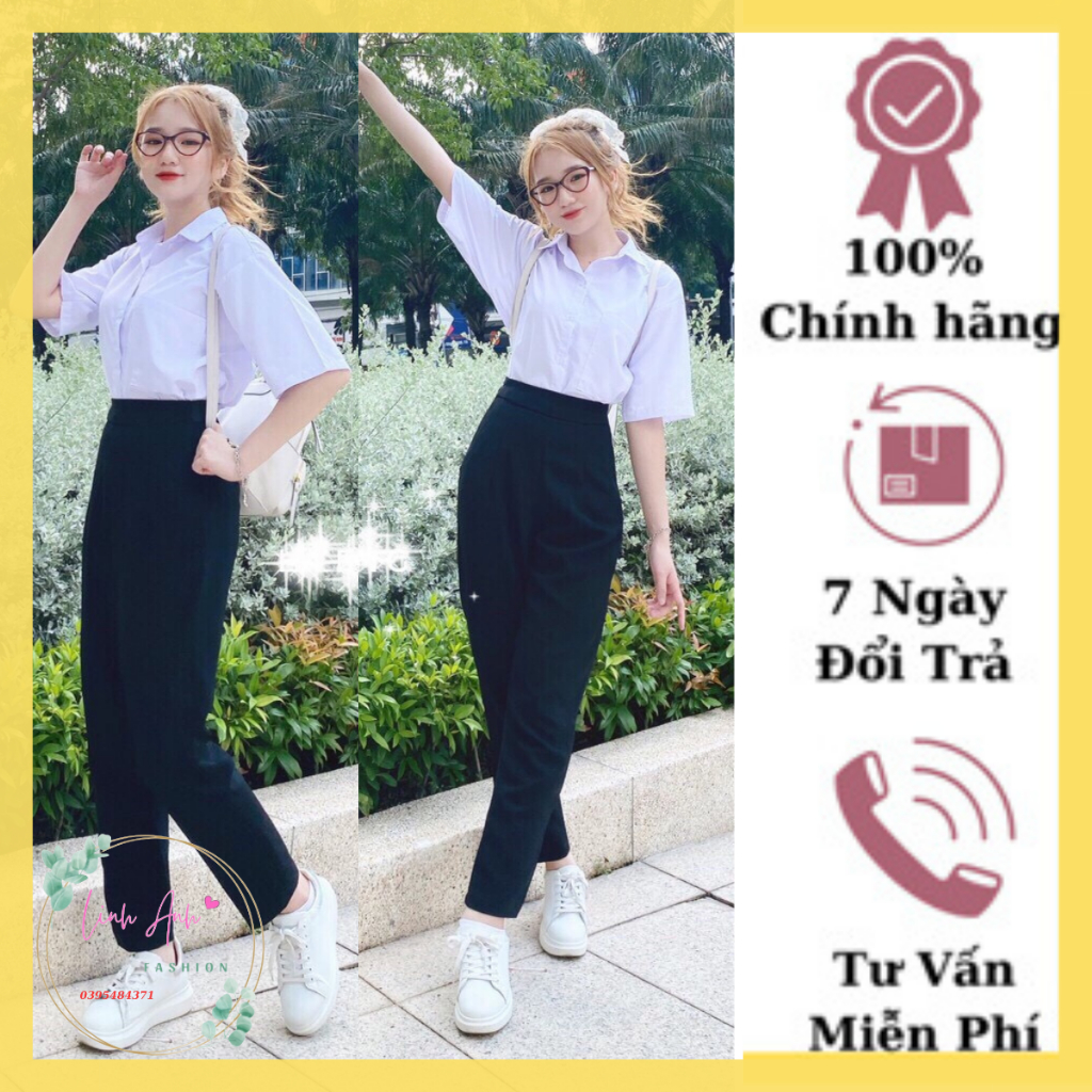 Quần tây baggy nữ đi học màu đen cạp lưng cao khóa sườn - Quần vải lưng chun học sinh nữ cấp 3 2 phối sơ mi đi học