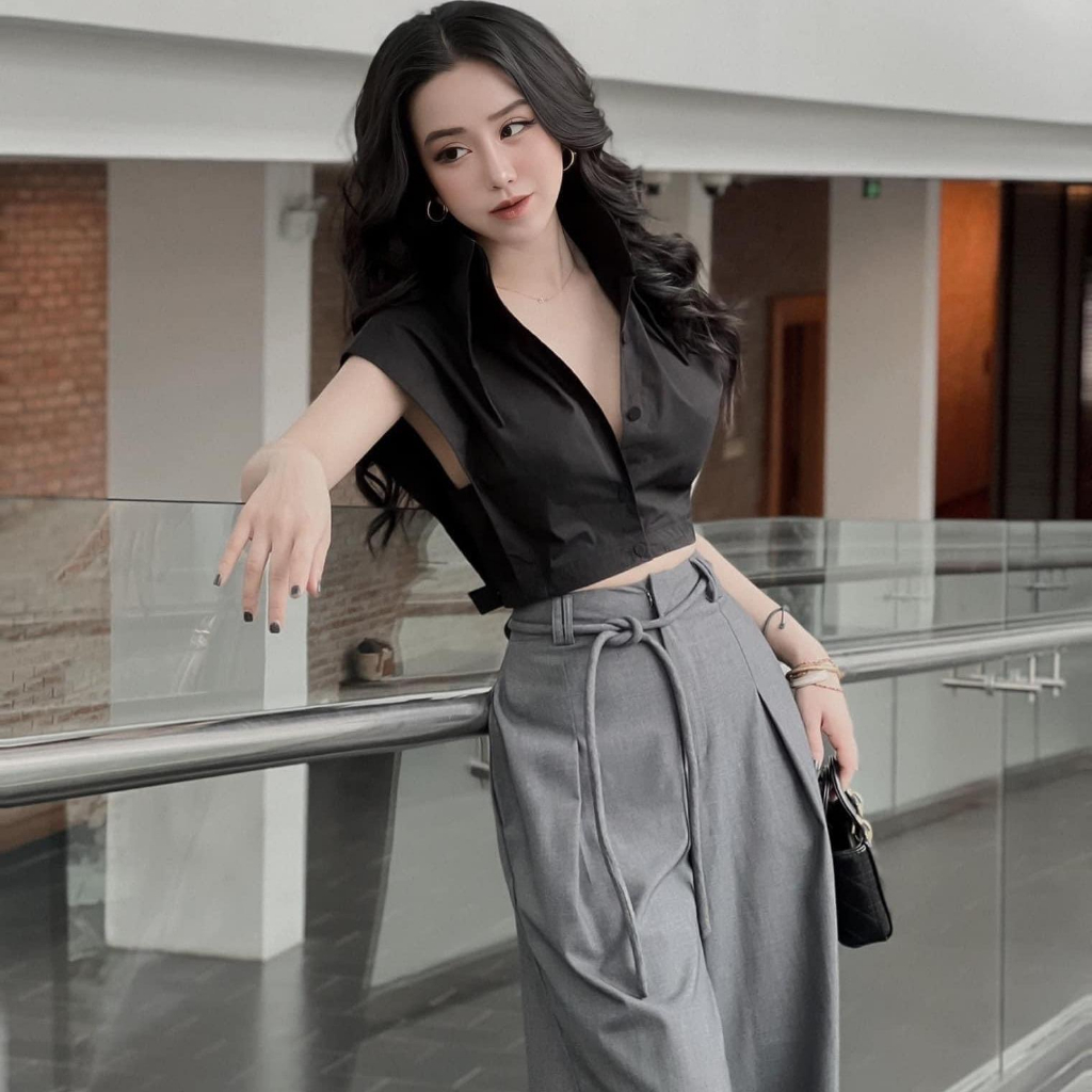 Set Bộ Áo Sơ Mi Cổ Bẻ Sát Nách + Quần Suông Kèm Dây MiniHouse