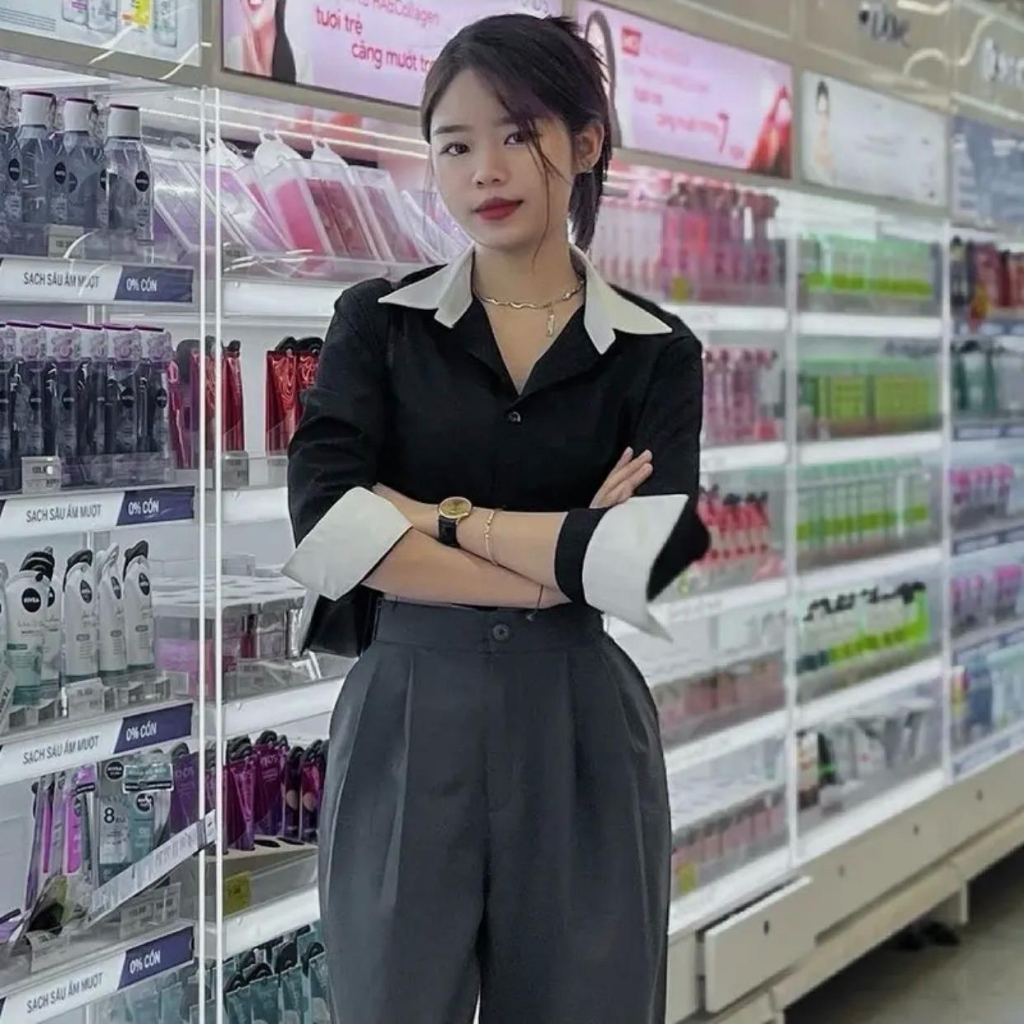 Áo Sơ Mi phối viền vạt lệch Cr.top kiểu Tua rua Minihouse