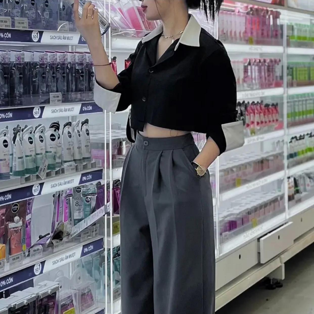 Áo Sơ Mi phối viền vạt lệch Cr.top kiểu Tua rua Minihouse