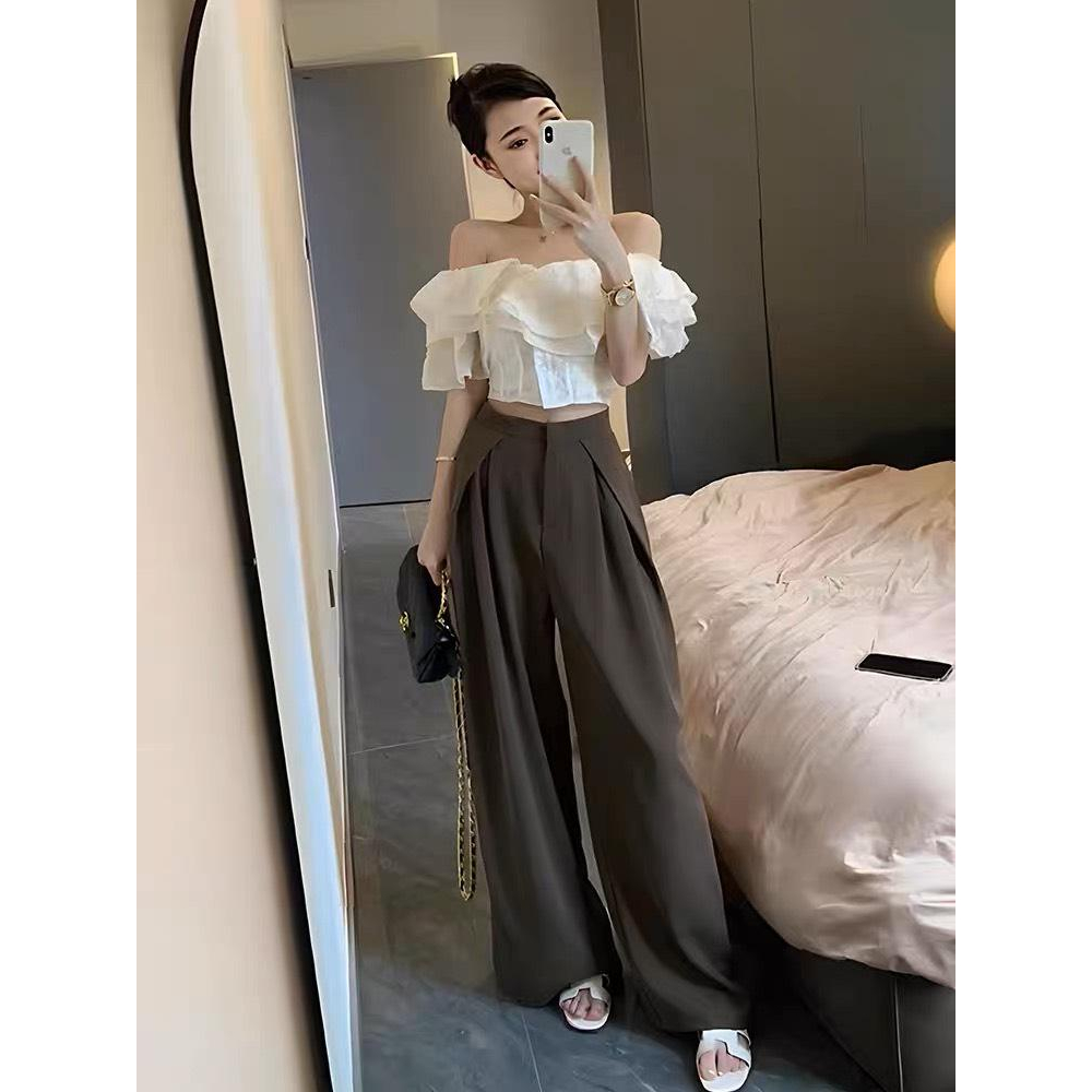 Set Bộ Áo Sơ Mi Voan Trễ Vai + Quần Ly Suông Mẫu Mới MiniHouse