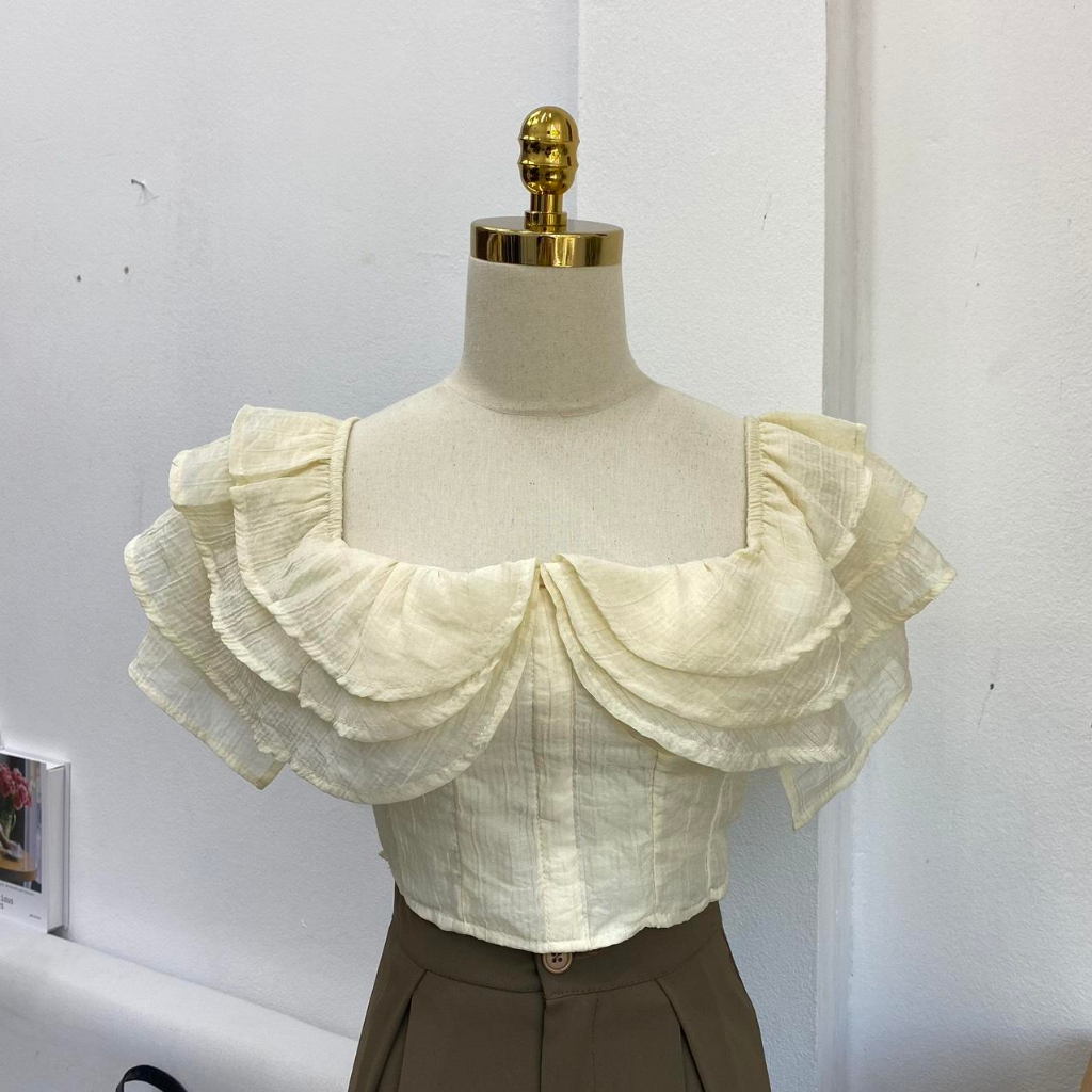 Set Bộ Áo Sơ Mi Voan Trễ Vai + Quần Ly Suông Mẫu Mới MiniHouse