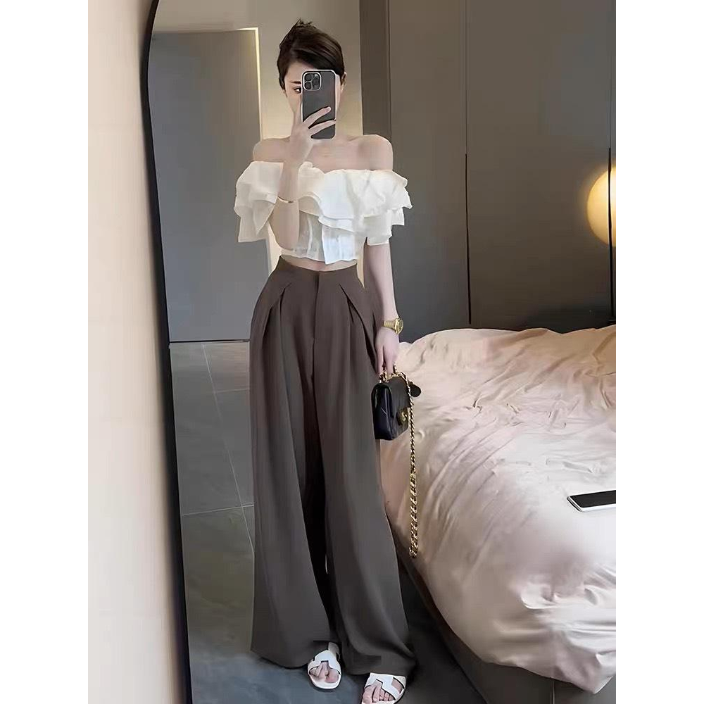 Set Bộ Áo Sơ Mi Voan Trễ Vai + Quần Ly Suông Mẫu Mới MiniHouse