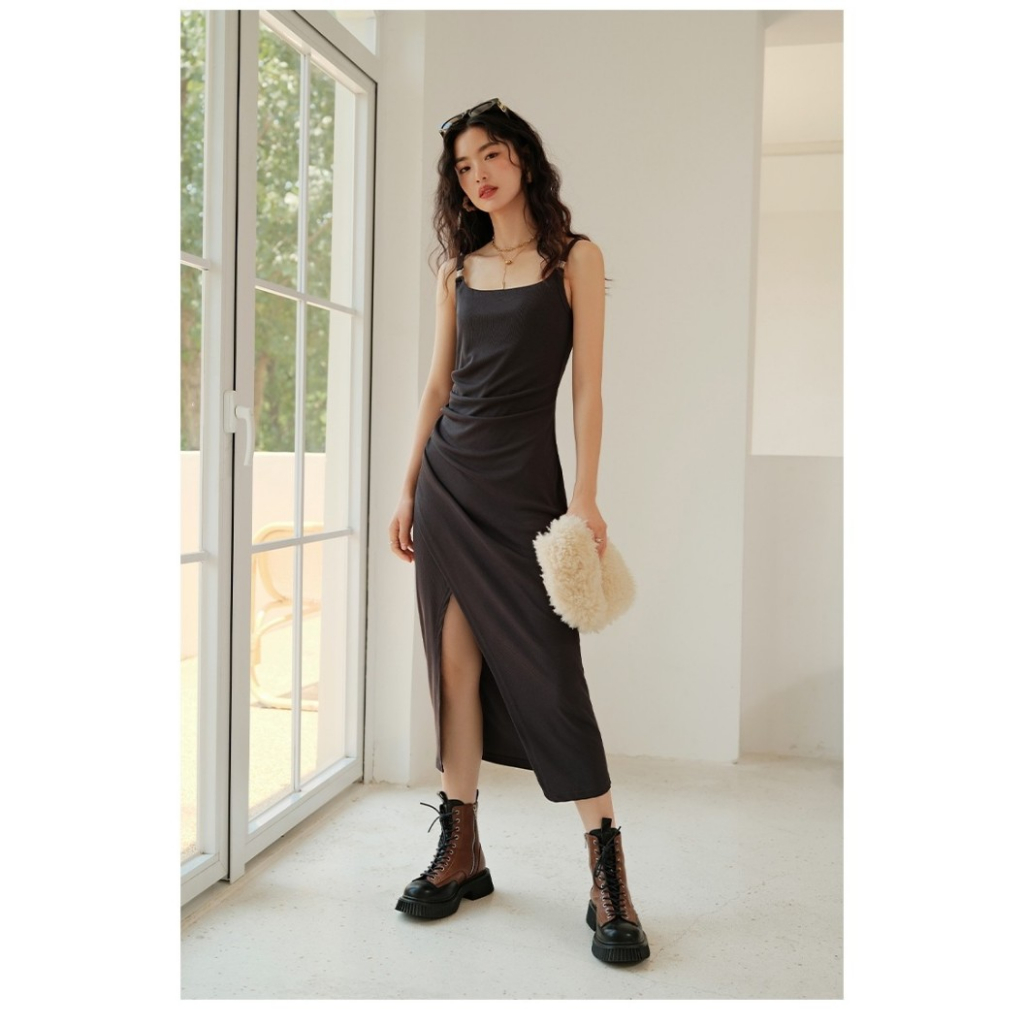 Váy 2 dây dáng dài ôm body nhún eo vô cùng độc đáo váy 2 dây nữ chất liệu cotton co giãn 4 chiều xẻ tà phù hợp đi du lịc