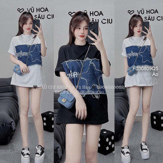 Áo thun tay ngắn ngực phối jean hình ngôi sao in chữ cá tính!