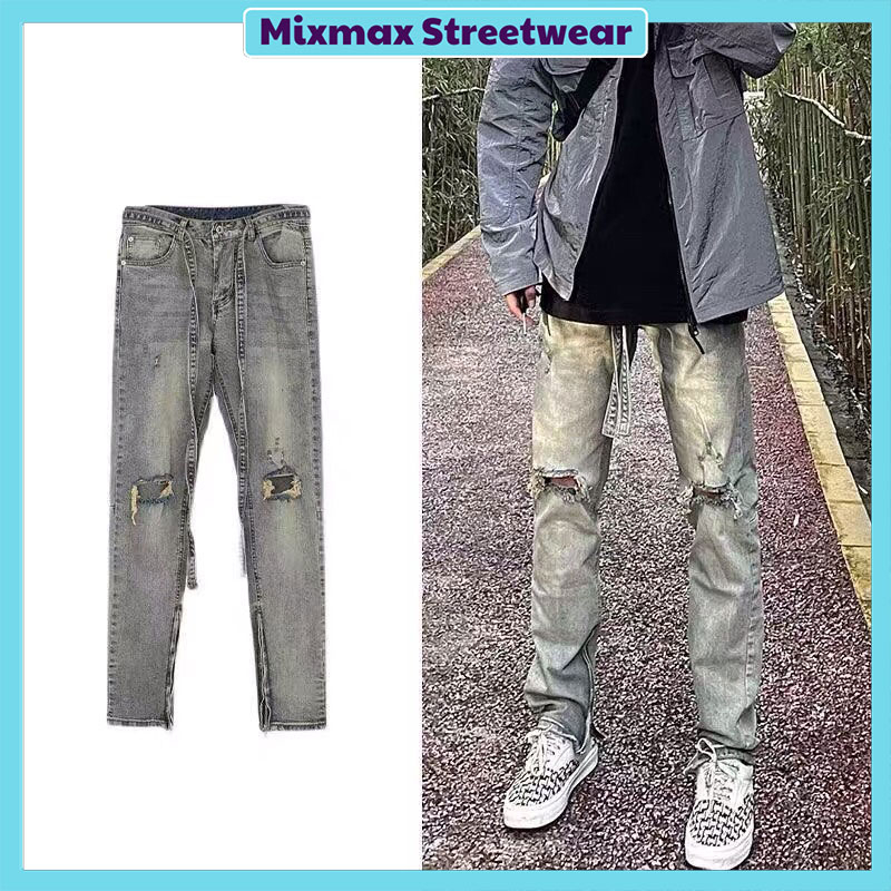 Quần bò jeans denim slim-fit ống côn rách gối kéo khoá zipper màu retro bụi bặm Ulzzang hiphop kèm đai