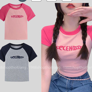 Áo croptop Secendodo phối tay ôm body hai màu xanh-hồng