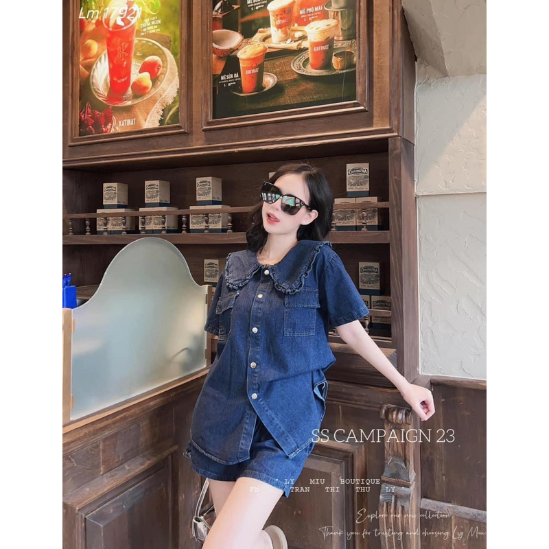 Set Bộ Áo Sơ Mi Jean Cổ Bèo Mix Quần Short Cạp Chun