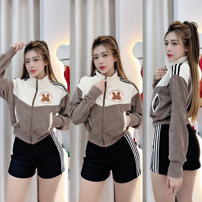 AKCC04_Áo Khoác Nữ Croptop Cổ Trụ Phom Dơi Hàng Cao Cấp_Khoá Kéo Cao 4 Túi Chất Vải Nhung Gân To Thông Hơi_Phom 40-62kg