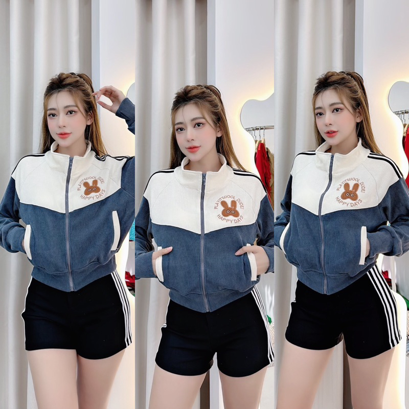 AKCC04_Áo Khoác Nữ Croptop Cổ Trụ Phom Dơi Hàng Cao Cấp_Khoá Kéo Cao 4 Túi Chất Vải Nhung Gân To Thông Hơi_Phom 40-62kg