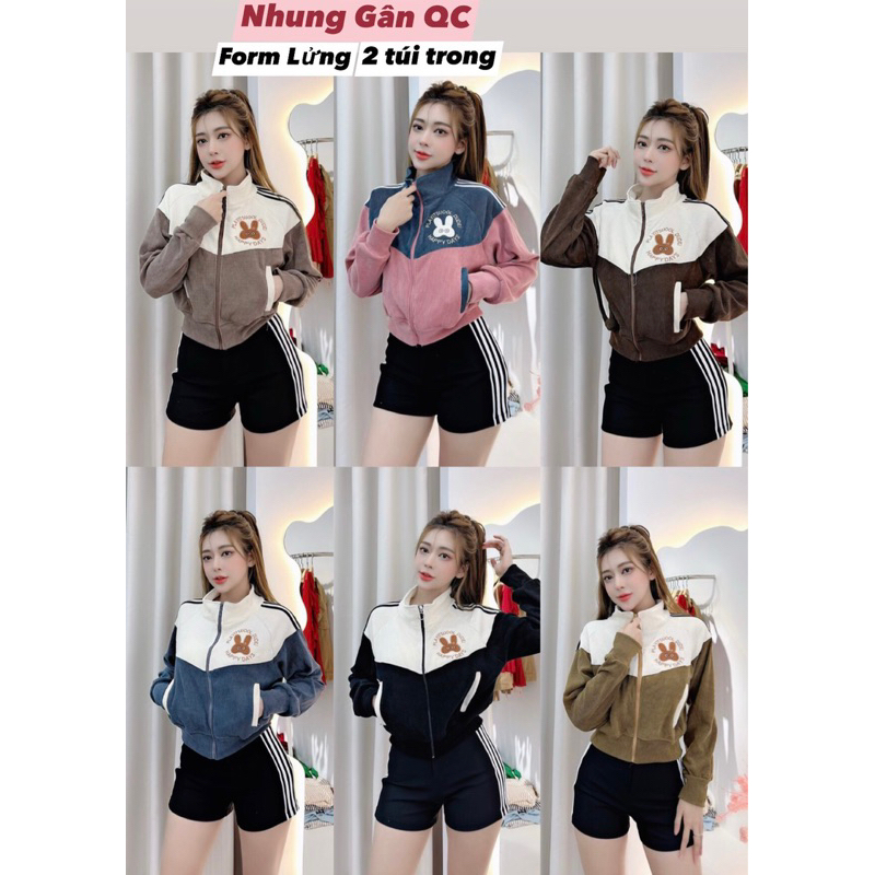 AKCC04_Áo Khoác Nữ Croptop Cổ Trụ Phom Dơi Hàng Cao Cấp_Khoá Kéo Cao 4 Túi Chất Vải Nhung Gân To Thông Hơi_Phom 40-62kg