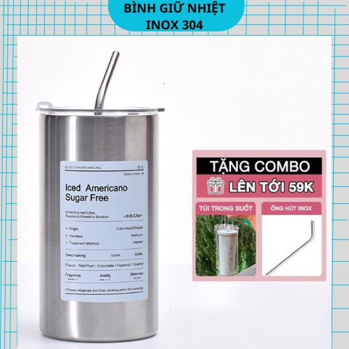 Bình Đựng Nước 2 Màu Bạc Xám - Ly Giữ Nhiệt Iced Americano Inox 304 Cao Cấp Không Gỉ Uống Cà Phê Dùng Văn Phòn