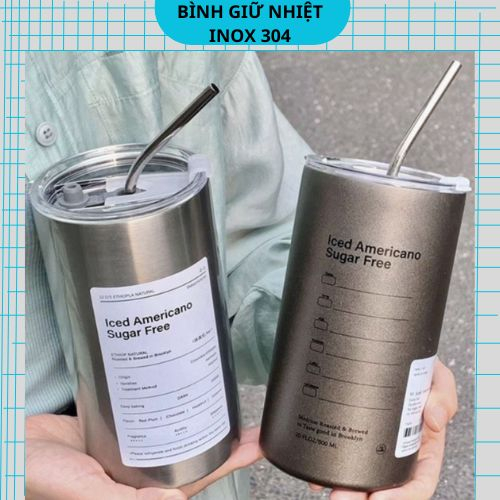 Ly Giữ Nhiệt Americano Inox 304 Cao Cấp Không Gỉ, Tặng Ống Hút Siêu Tiện Lợi 600Ml Hàng Đẹp (Loại 1 Full Phụ Kiện)