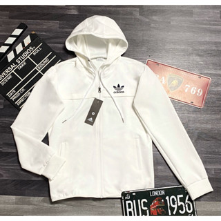 Áo Khoác có Mũ A D I D A S, Áo Khoác Thun Lạnh Cao Cấp, Thể Thao Nam Nữ Line Xuông Màu Trắng Trơn, Chất Vải Mềm, Mịn