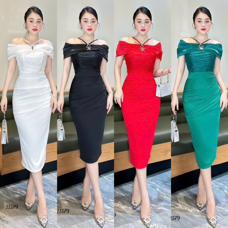 🍒Đầm dự tiệc body áo tơ gân trễ vai (Free/big size XL, 2XL)