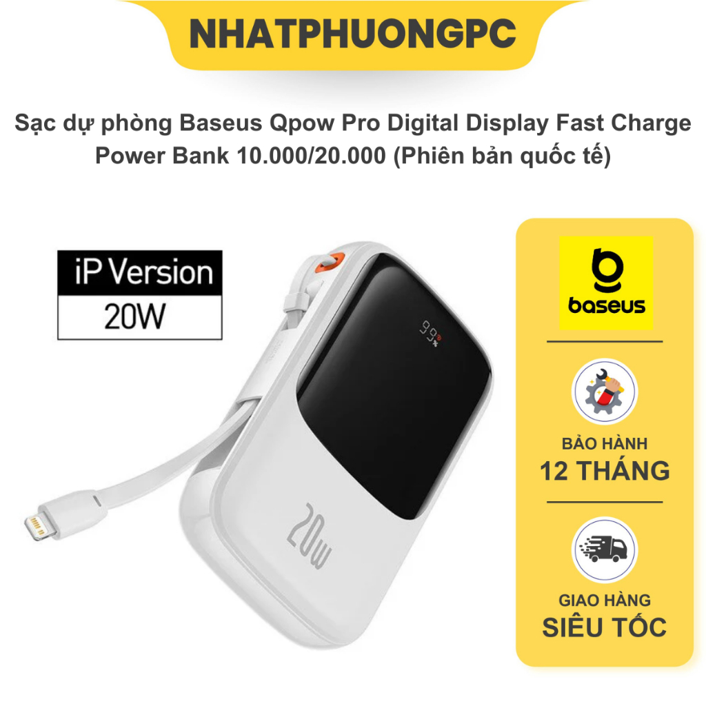Pin dự phòng sạc nhanh 3A Baseus Qpow Digital kèm cáp Type-C trang bị cổng Usb dung lượng 10000mAh tích hợp LCD báo pin
