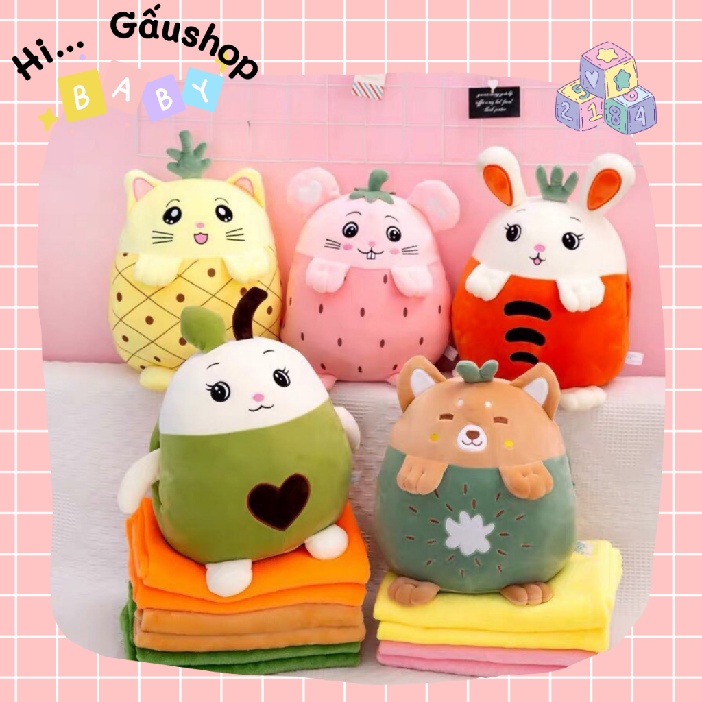Gấu bông Hoa Quả nhiều màu kèm chăn - Gấu shop