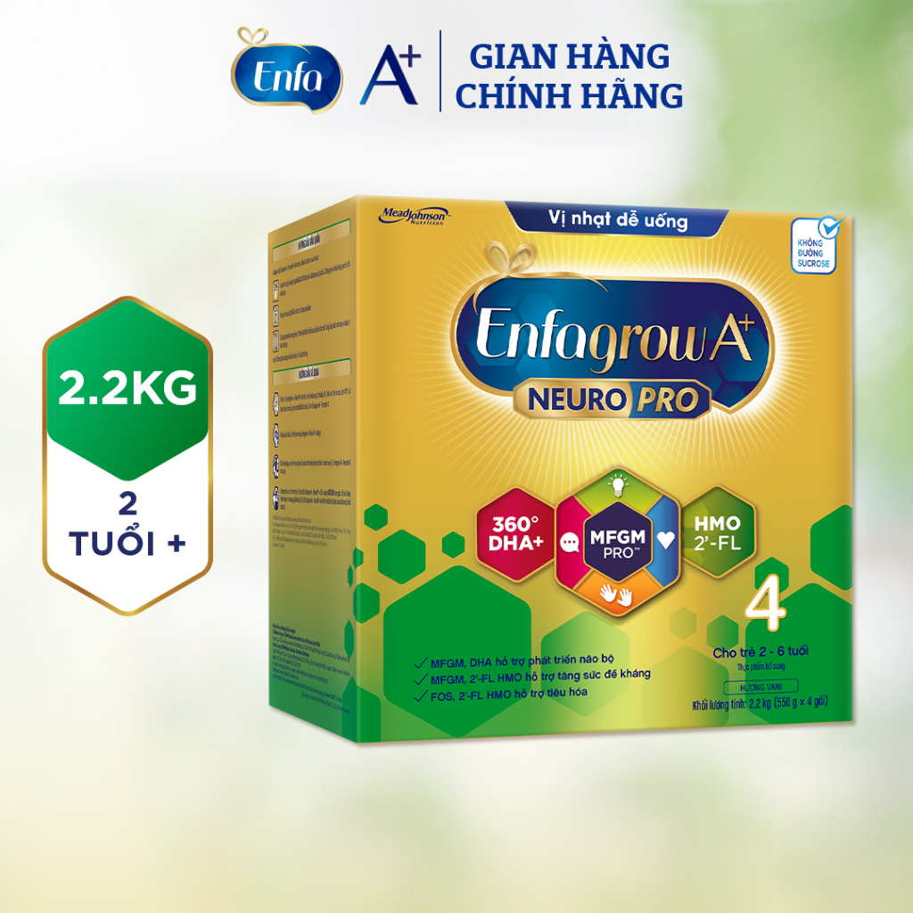 [Tặng 1 lon 830g] Bộ 2 Sữa Bột Enfagrow A+ Neuropro 4 - FL HMO Vị Nhạt Dễ Uống -2.2kg/hộp