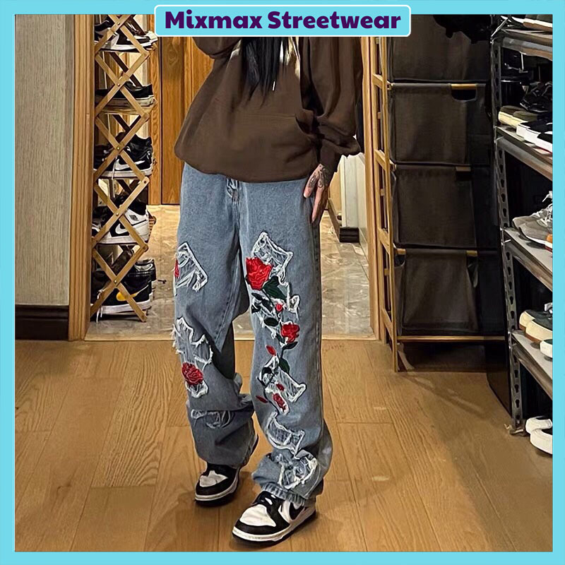 Quần bò jeans ống rộng thêu hoa hồng chữ nổi tua rua 2 màu xanh / đen Ulzzang hiphop siêu chất ❤️