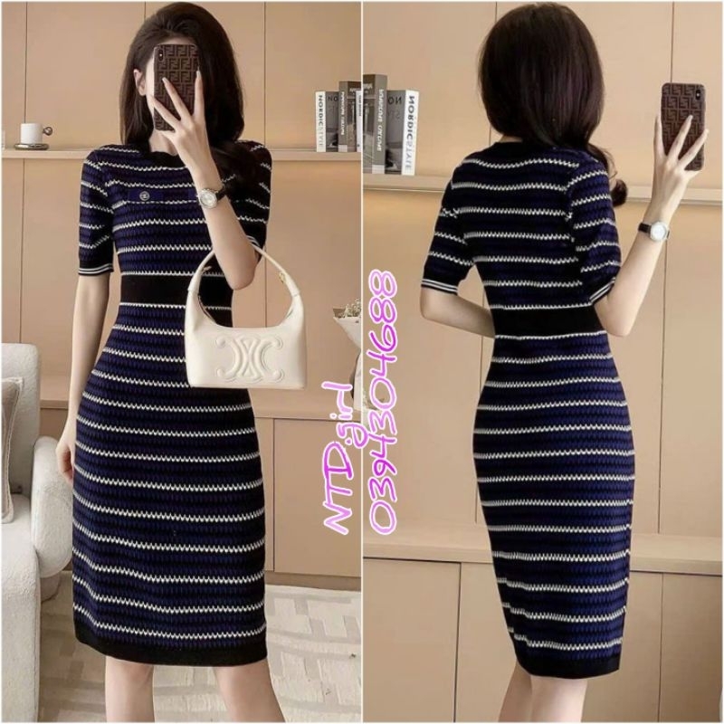 Hàng nhập - Đầm dáng ôm len kẻ ngang màu trắng trẻ trung, váy body thu đông cổ tròn tay ngắn