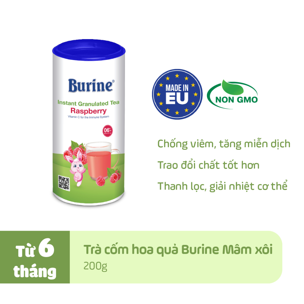 Trà cốm hoa quả Burine dinh dưỡng- Vị Mâm Xôi giúp hỗ trợ tiêu hoá, tăng cường đề kháng (Dành cho trẻ từ 6 tháng)