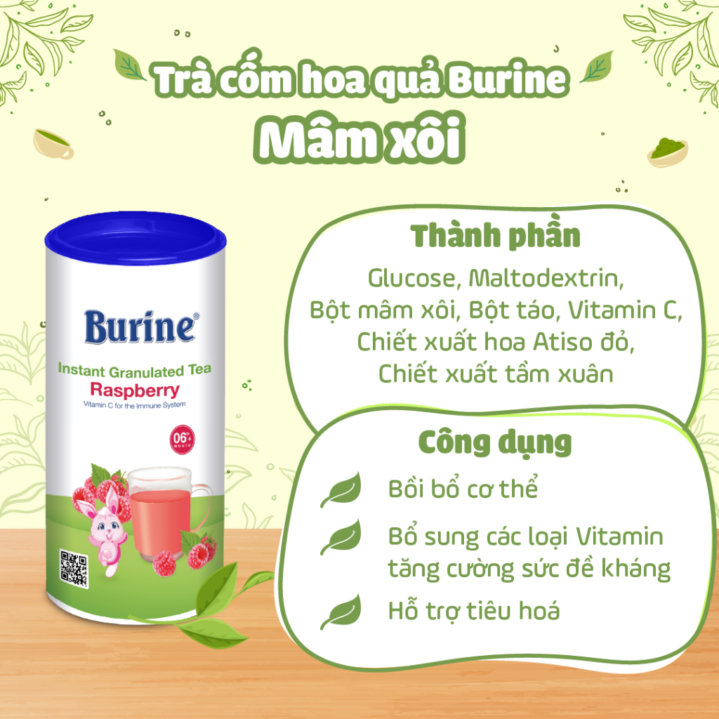 Trà cốm hoa quả Burine dinh dưỡng- Vị Mâm Xôi giúp hỗ trợ tiêu hoá, tăng cường đề kháng (Dành cho trẻ từ 6 tháng)