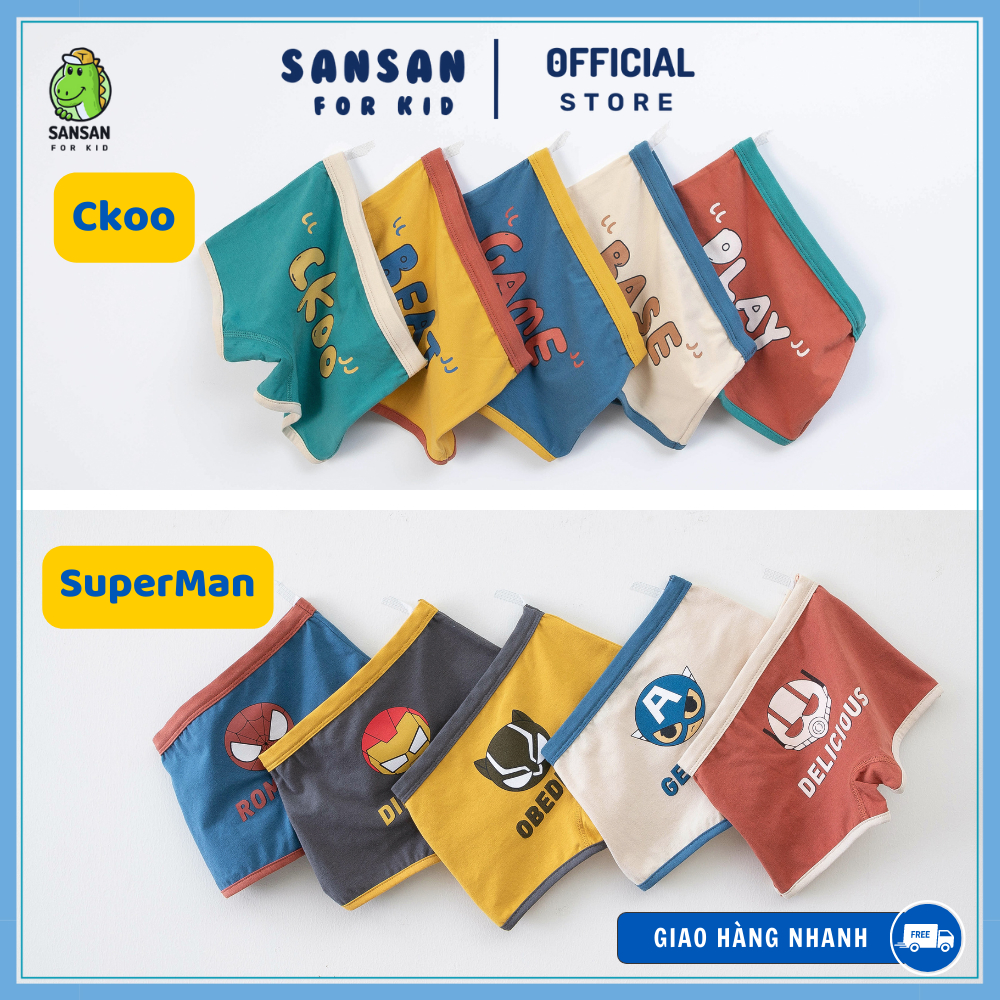 BST SET Hộp 5 quần lót vải cao cấp phong cách Hàn Quốc, họa tiết siêu nhân, chữ cái cho bé trai 3-12 tuổi