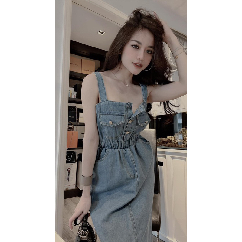 Đầm jean dây mặc được cả 2 kiểu kèm ảnh thật lss
